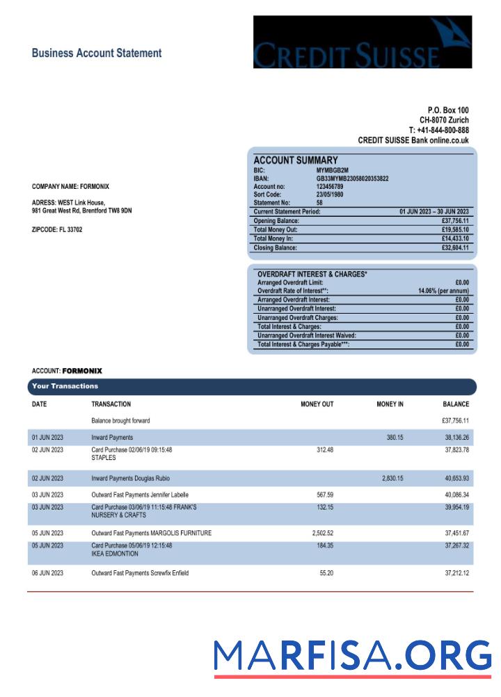 Realistic Credit Suisse Bank corporate account statement Word and PDF template